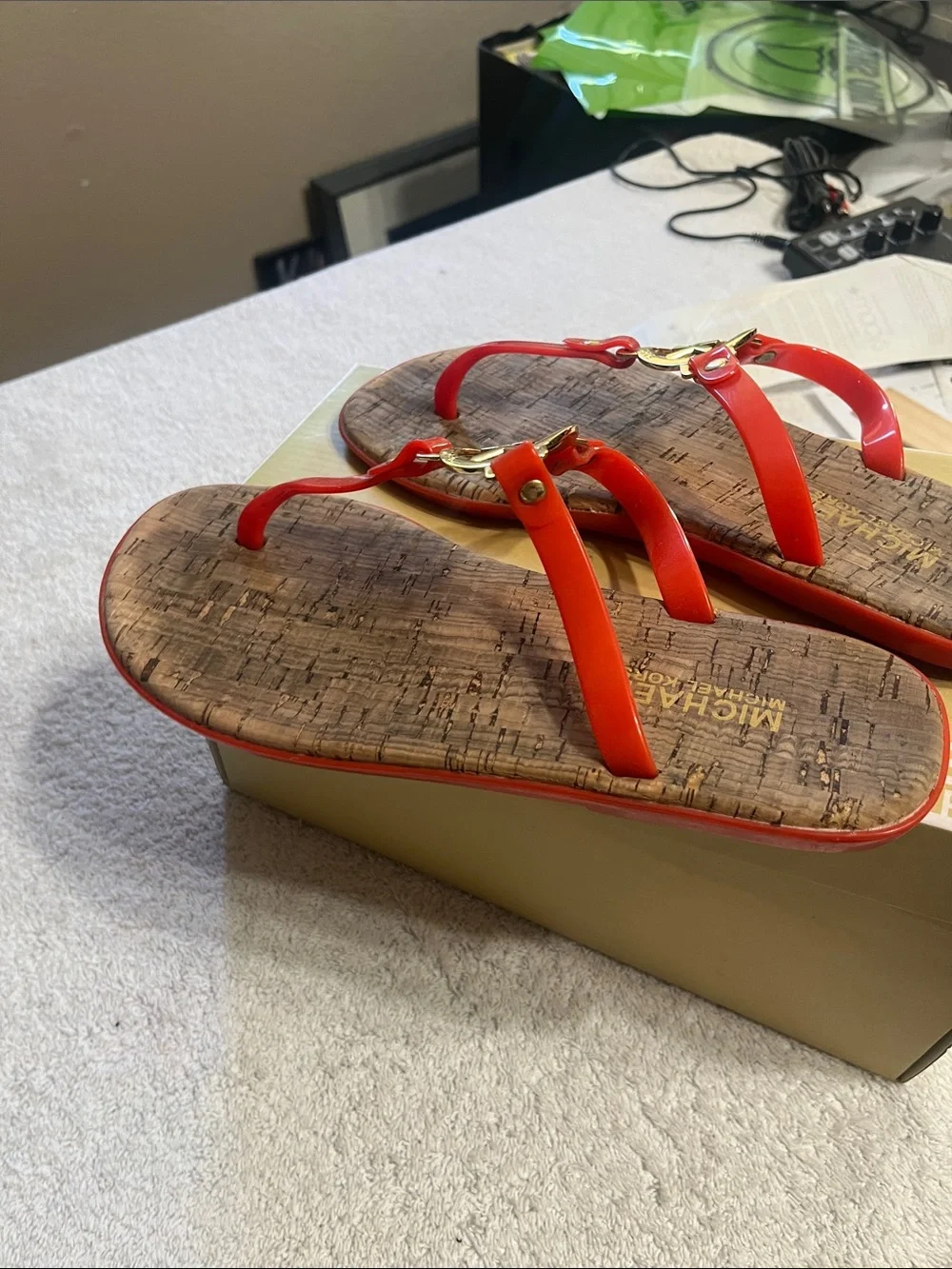 Michael Kors Orange Patent MK Medallion Cork-Print Thongs